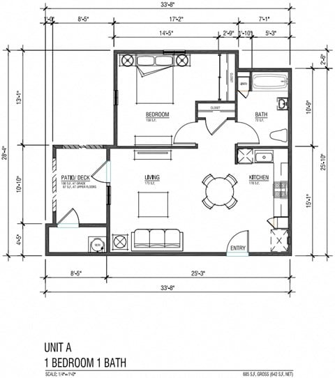 Floor plan for 1 bed, 1 bath, 773 sqft